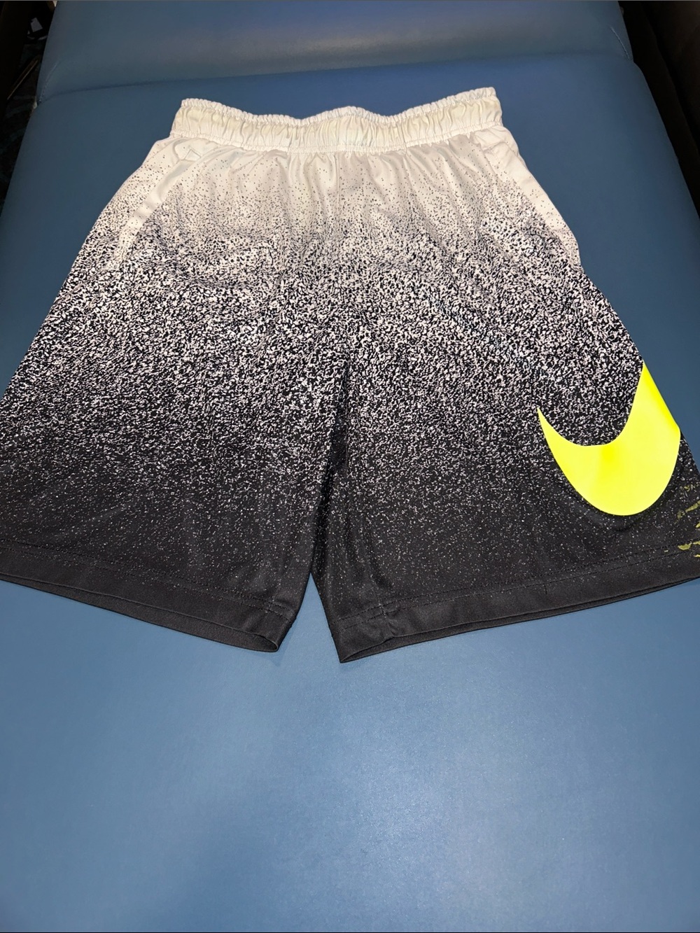 Boy’s Nike Black-to-White Gradient Athletic Shorts with Neon Yellow Swoosh